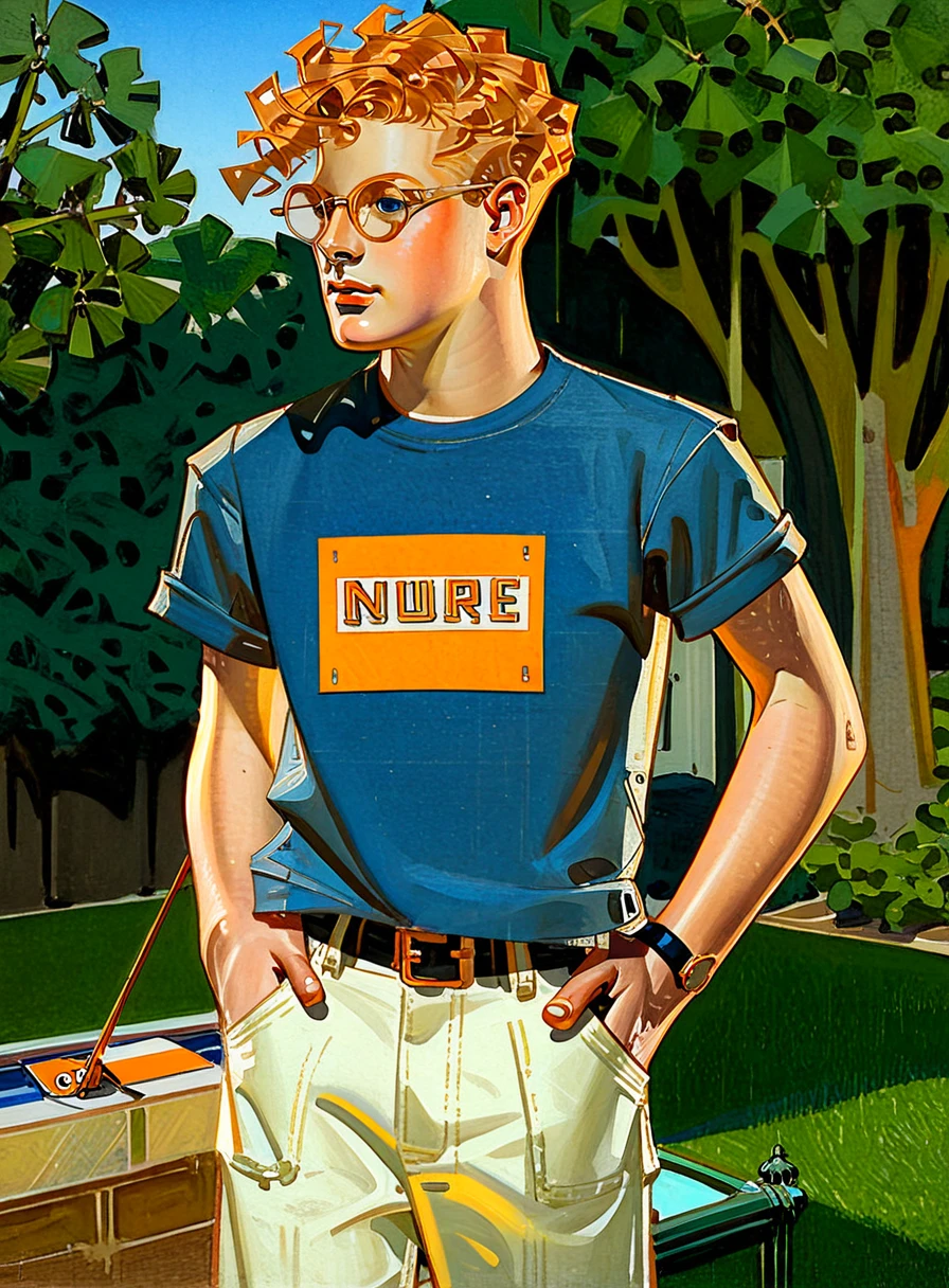 Detailed digital illustration by Leyendecker, A young man standing in a backyard. He has curly short orange hair and is wearing a baggy t shirt, (blue jeans:0.25) and sun glasses. He is looking at the viewer. The framing is a half-body from the front.