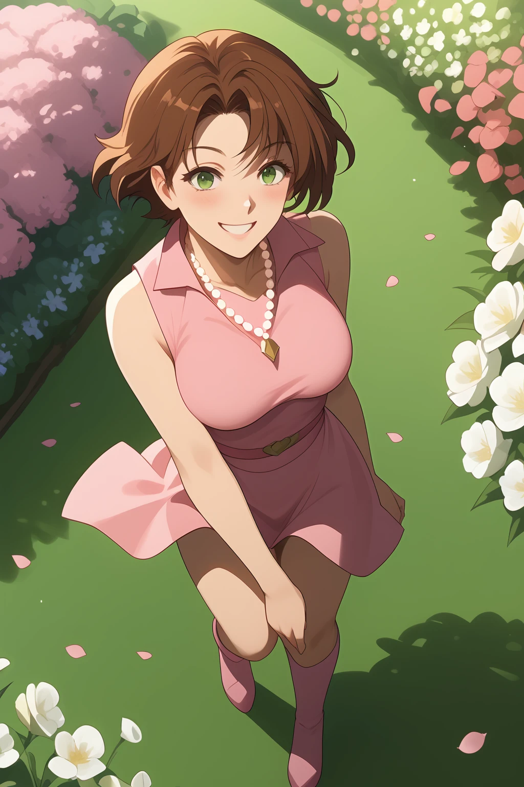 Mangetsu Miyoko, Brown Hair, Short Hair, Green Eyes, Fair Skin, pink sleeveless shirt, pink micro skirt, golden-coloured bead necklace, (nsfw), (uncensored), (score_9), score_8_up, score_7_up, source_anime, cowboy shot, dynamic pose, 1 Female, solo, happy smile joy, blush, ashamed, shy, sexy, charming, alluring, seductive, enchanting, erotic,
((outdoors)), ((flower garden)), ((flowers)), ((many flowers)), spring petals, petals of flowers, spring, falling petals, flying butterflies,
((from above)), ((way too high angle)), ((high angle shot)), ((no bra)), ((nipples)), ((nipples slip)), ((breasts slip))<lora:EMS-423391-EMS:0.800000>