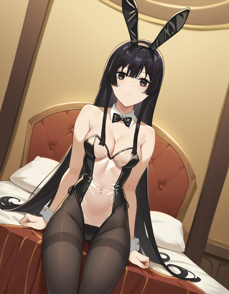 score_9, score_8_up, score_7_up, source_anime, <lora:yumiella-dolkness-s1-ponyxl-lora-nochekaiser:1> yumiella dolkness, long hair, bangs, black hair, very long hair, black eyes, hime cut, medium breasts,, <lora:translucent-bunnysuit-ponyxl-lora-nochekaiser:1>, translucent bunnysuit, bow, animal ears, cleavage, bare shoulders, pantyhose, bowtie, rabbit ears, leotard, black pantyhose, strapless, black bow, detached collar, fake animal ears, playboy bunny, strapless leotard, thighband pantyhose, black bowtie, casino,, indoors, bed, bed room,, cowboy shot, dutch angle