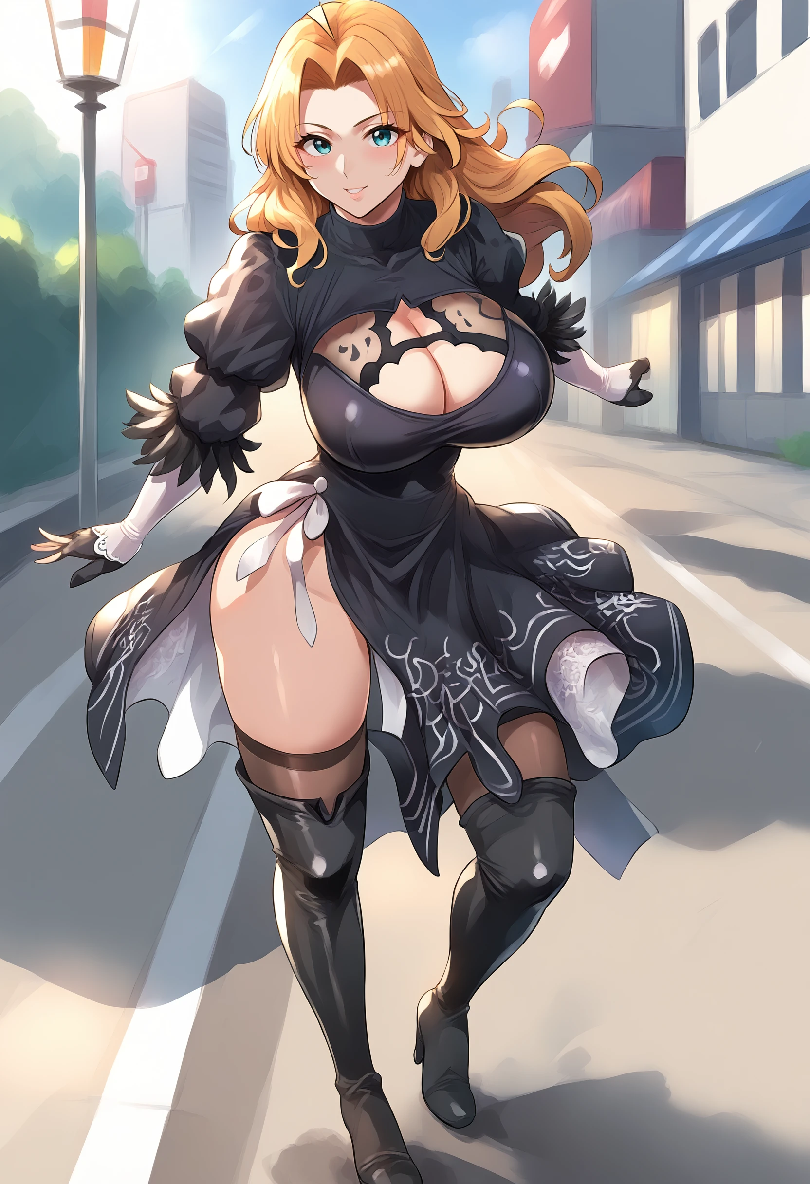 <lora:x style:1>, <lora:2b_outfit-000014:1>, 2b_outfit, full body, 1girl, solo, running, looking at viewer,  mature female,  matsumoto rangiku, skinny, huge breasts, arched back,  standing, dress, black dress, feather-trimmed sleeves, cleavage cutout,  thigh boots , lace trim,