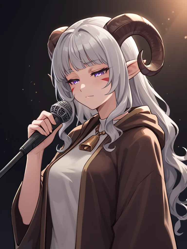 microphone,  microphone stand,  holding microphone stand,  <lora:microphone_stand:1>, source_furry, score_7_up, rating_safe, cowboy shot, gold necklace, tiefing, short pointed ears, brown horns, (a pair of brown sheep Horns that begin at her temples and curve back: 1.5), bangs, long silver hair long wavy hair, pale skin, <lora:whisker_markings:0.8>red whisker_markings ,short pointy ears, purple eyes, <lora:age_slider_v4:0.6>   medium breasts, skinny female, close up, silver hair, <lora:Tieflingnew weird fantasyDND:0.3> Tiefling, pointed ears, horns, half-closed eyes<lora:Smooth Style 2 SDXL_LoRA_Pony Diffusion V6 XL:0.5> bell, robe, hood off,