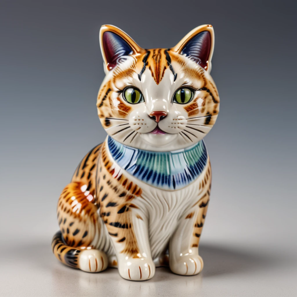 A beautifully crafted colorful ceramic and porcelain figurine of a cat, colorful HDR background <lora:CeramicXL_LoRA:1>