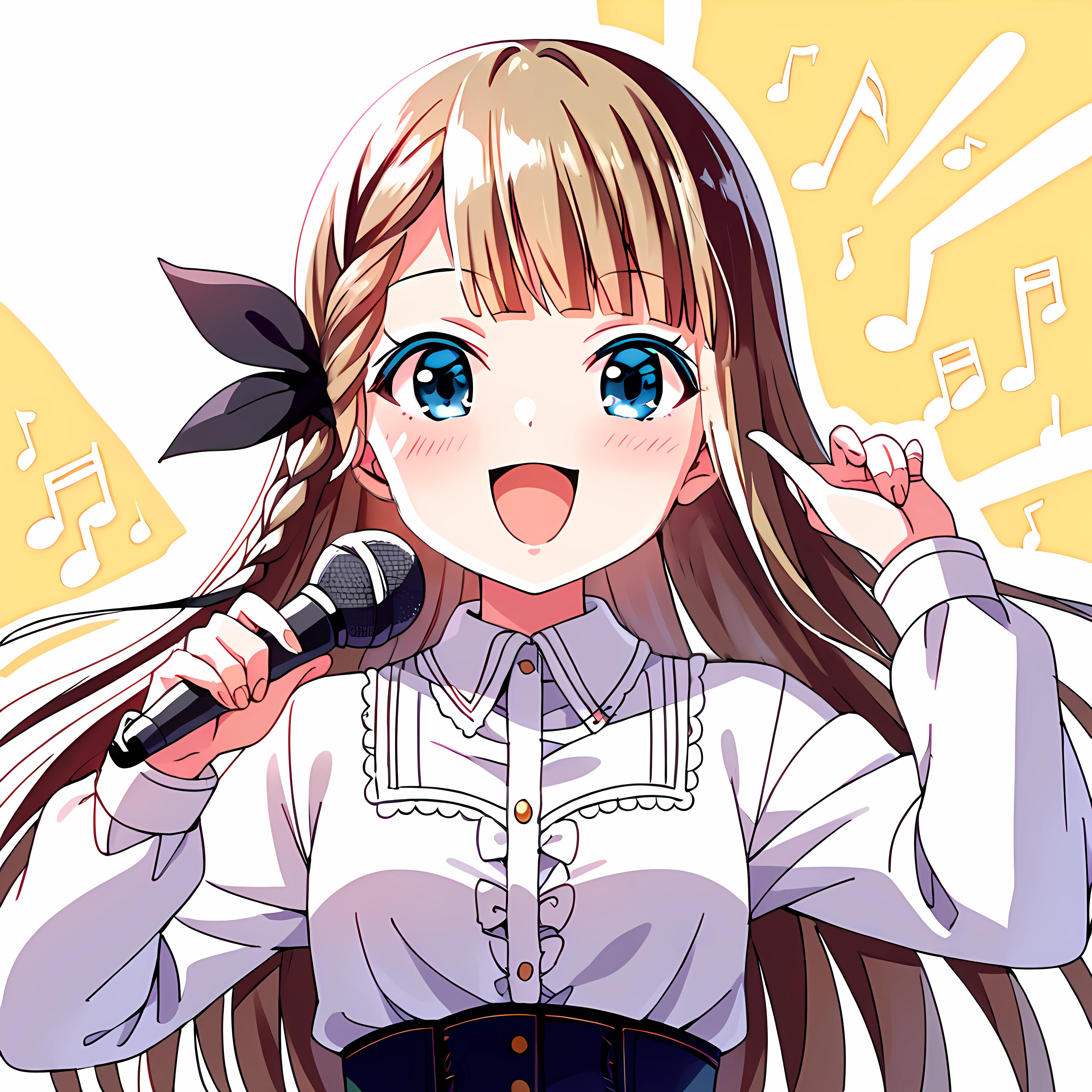 score_9,score_8_up,indoor,dynamic_angle,
1girl, solo, narumiyasuzu, smile, holding microphone, suzucasual shirt, sucasual skirt, suzu hair ribbon, suzu corset, hand up, singing,blush, looking at viewer, upper body,