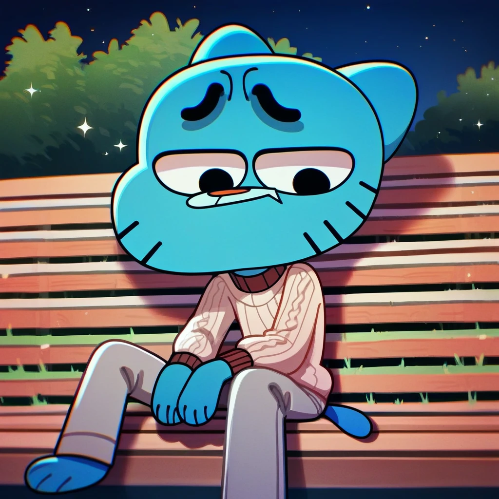 score_9, score_8_up, score_7_up, score_6_up, gumball, black eyes, blue fur, blue cat, cat ears, tan sweater, grey pants, 1boy, solo, sleppy, sitting, night, park, sad,