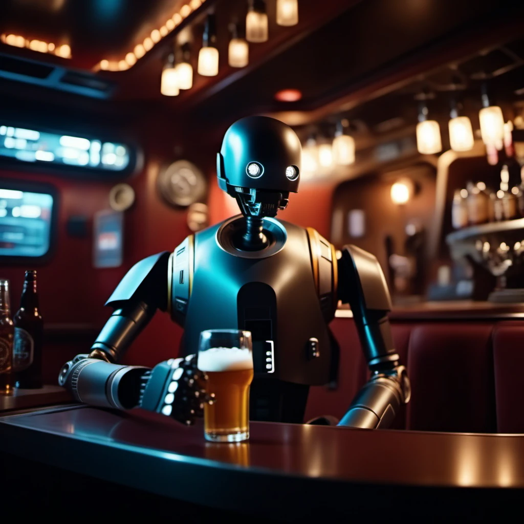 cinematic photo robot, solo, no humans, having a beer in a spaceship pub  <lora:K2SO:0.8> . 35mm photograph, film, bokeh, professional, 4k, highly detailed