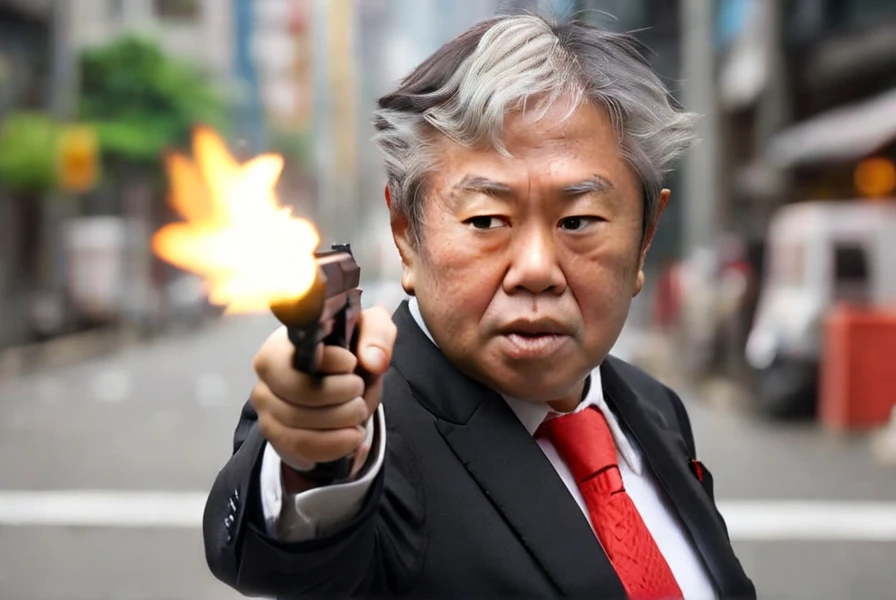 <lyco:Kazuhiro_Haraguchi:1.0>, highly detailed professional 8k raw photography, best hyperrealistic quality backgrounds, volumetric real-time lighting and shadows, middle-aged,  old man, asian, gray hair, wearing  black suit and red tie, white shirts under the black suit, Asian, (Kazuhiro Haraguchi) holding and shooting hand gun, muzzle flash, close up, burning city backgrounds