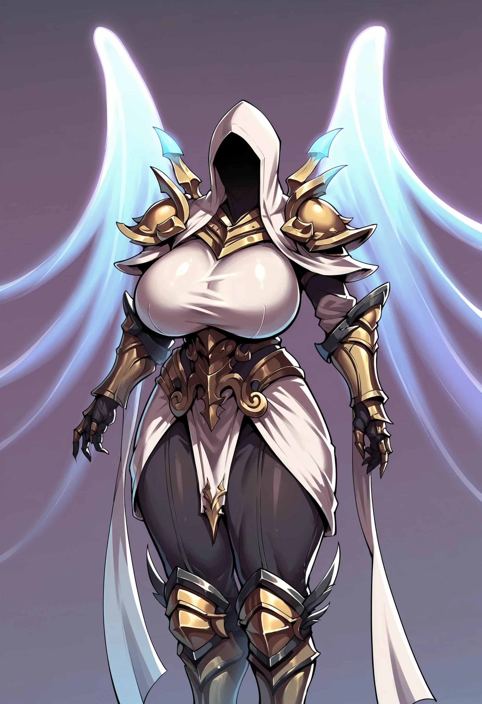 score_9, score_8_up, score_7_up, score_6_up, score_5_up, score_4_up, <lora:Auriel:0.75> 1girl, huge breasts, thick thighs, armor, white wings, glowing, hood, hood up, faceless, shoulder armor, gauntlets, upper body focus, close-up,
(light purple background:1.15), simple background,