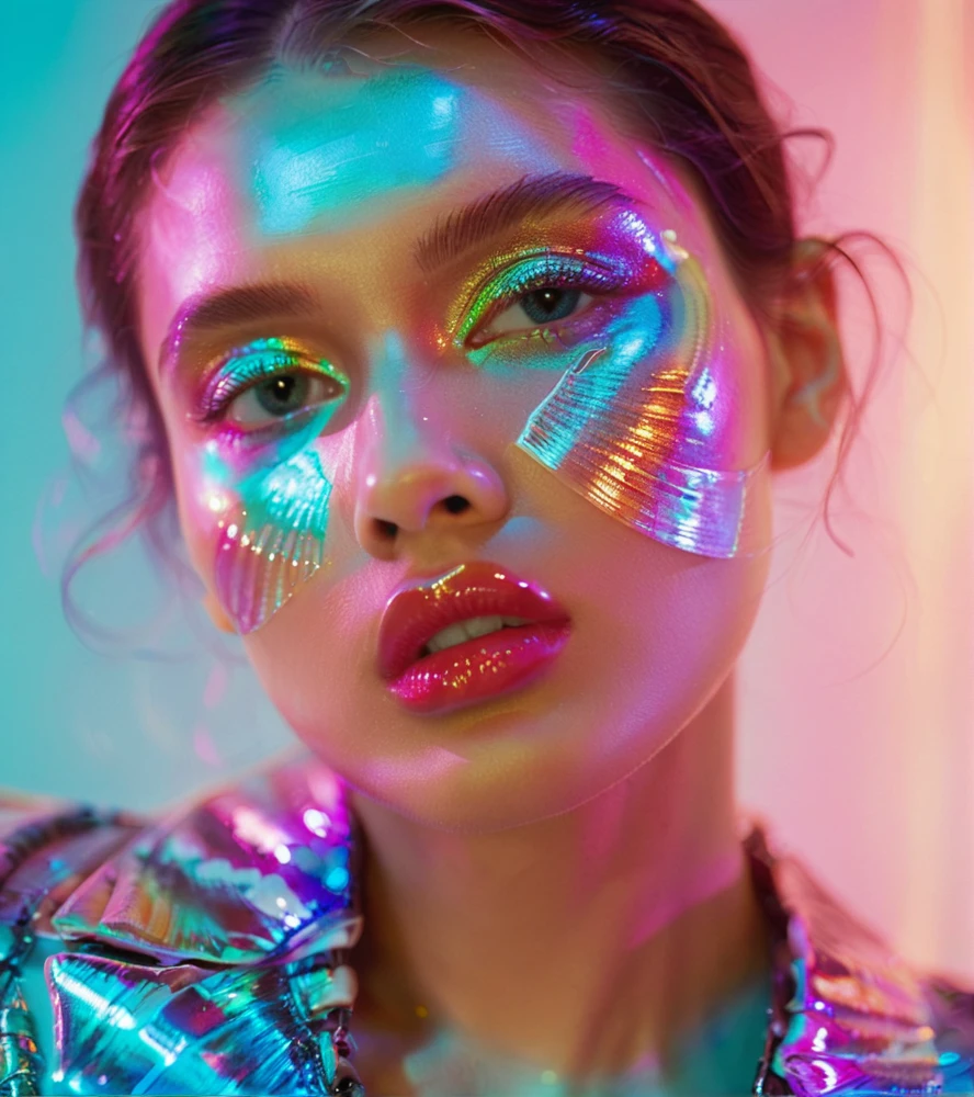 <lora:è´å£³è²å½©-000004:0.6>,Shell rainbow color,female,model,close-up,neon lights,portrait,hd image,teal and pink background,shiny textures,glowing effect,beauty shot,modern,creative composition,high cheekbones,expressive eyes,glossy lips,metallic highlight,delicate features,blurred lens,