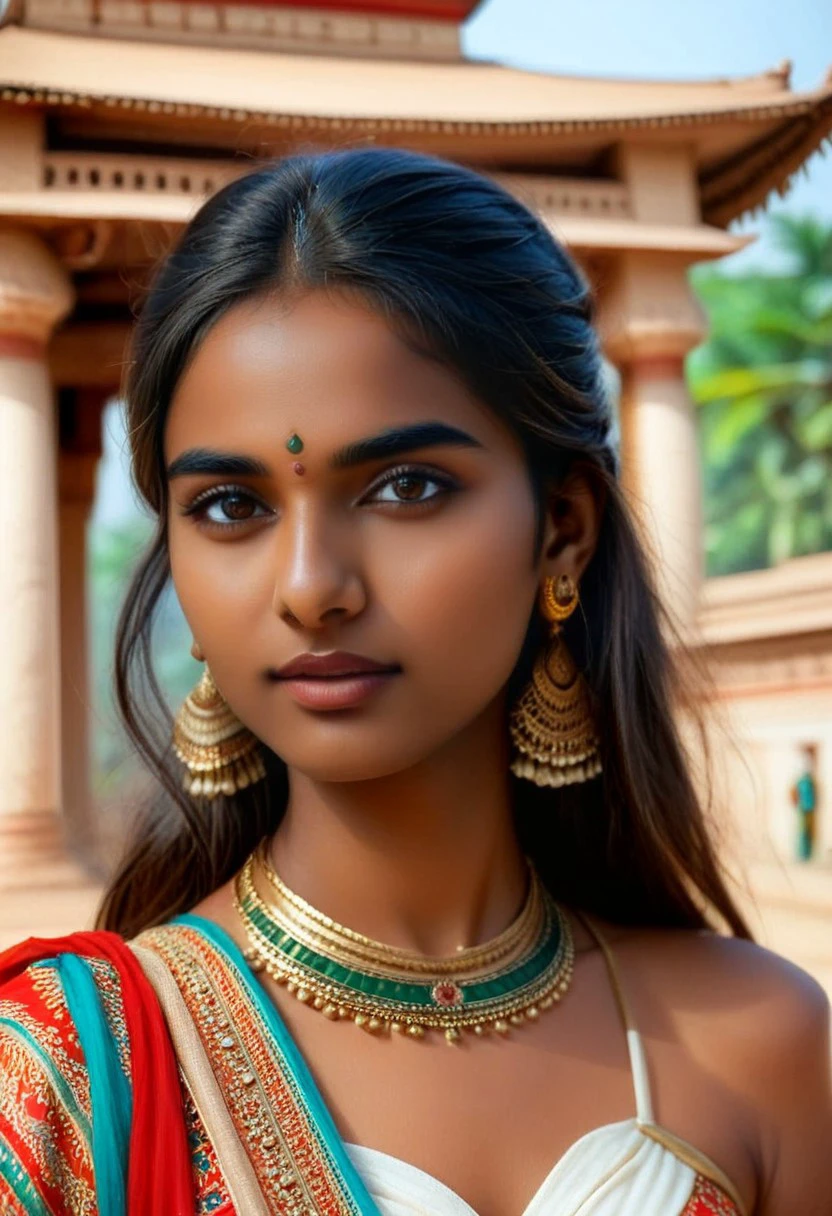 CLOSE-UP of a (Nilima_Shabana) (Nilima Shabana), framed face, , focus on face, CLOSEUP, dark-skinned female, beautiful girl, realistic, midriff, earrings, Indian girl, day, bindi dot in forehead, 1girl, very long hair, sidelight, cinematic light, bokeh,