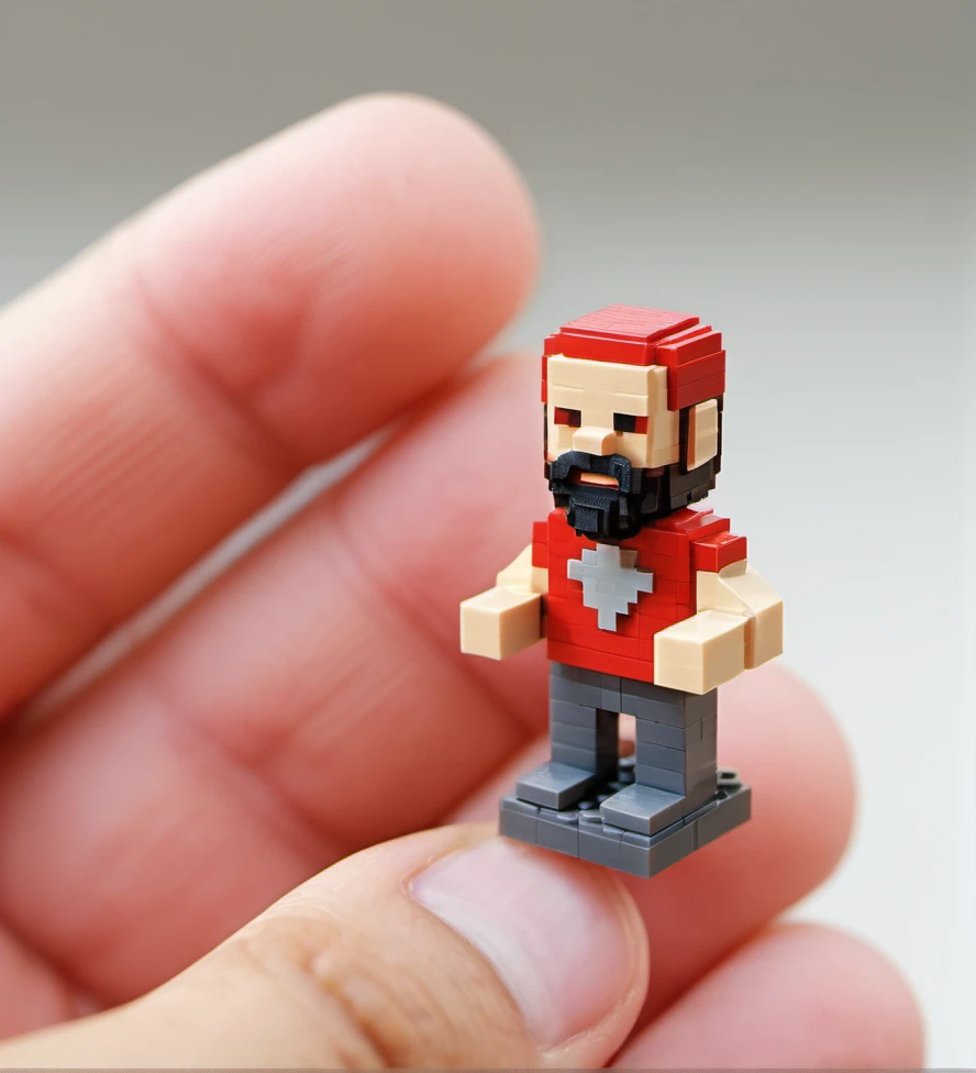 Lego pixel art,isometric,pixel art,figurine,hand,fingers,close-up,toy,retro,blocky,male character,red shirt,beard,3d model,miniature,detailed,creative,handheld,playful,game-inspired,digital art style,focus on foreground,tiny,nostalgic,intricate,personal scale,craftsmanship.,<lora:å¾®ååç´ -000009:0.6>,Hold the model in your hand,