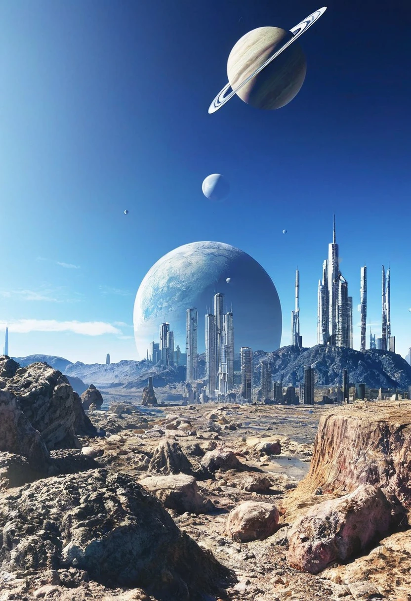 surrealist landcape with planets, dinosaurs and skyscrapers