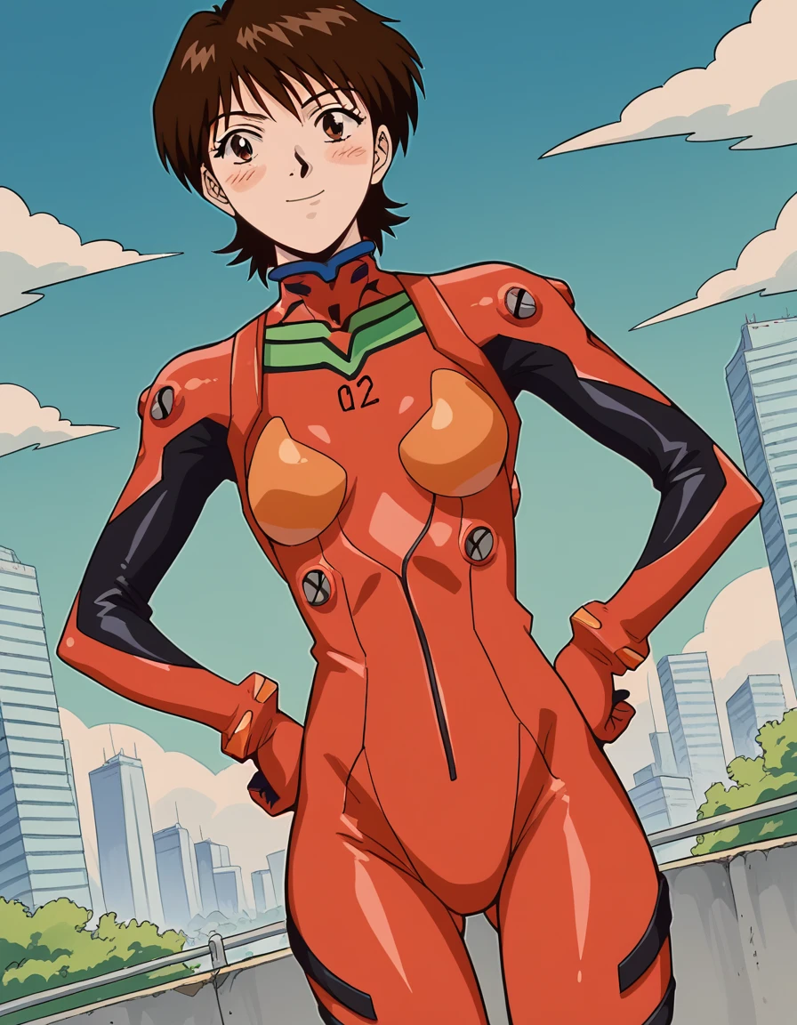 score_9, score_8_up, score_7_up, source_anime, <lora:azusa-fuyutsuki-anime-ponyxl-lora-nochekaiser:1> azusa fuyutsuki, short hair, brown hair, brown eyes, small breasts,, <lora:souryuu-asuka-langley-cosplay-ponyxl-lora-nochekaiser:1>, souryuuasukalangleycosplay, souryuu asuka langley (cosplay), bodysuit, pilot suit, plugsuit, red bodysuit, interface headset,, cityscape, smile, blush, hands on hips,, , cowboy shot, dutch angle