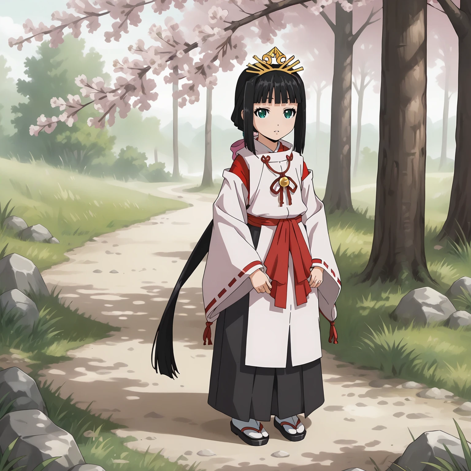 <lora:TES_ShizukuXLpony001:0.8>,
parted lips,
solo,
Shizuku,1girl,black hair,low ponytail,hair ribbon,green eyes,
tiara,
miko,
outdoors,nature,cherry blossoms,
standing,full body,