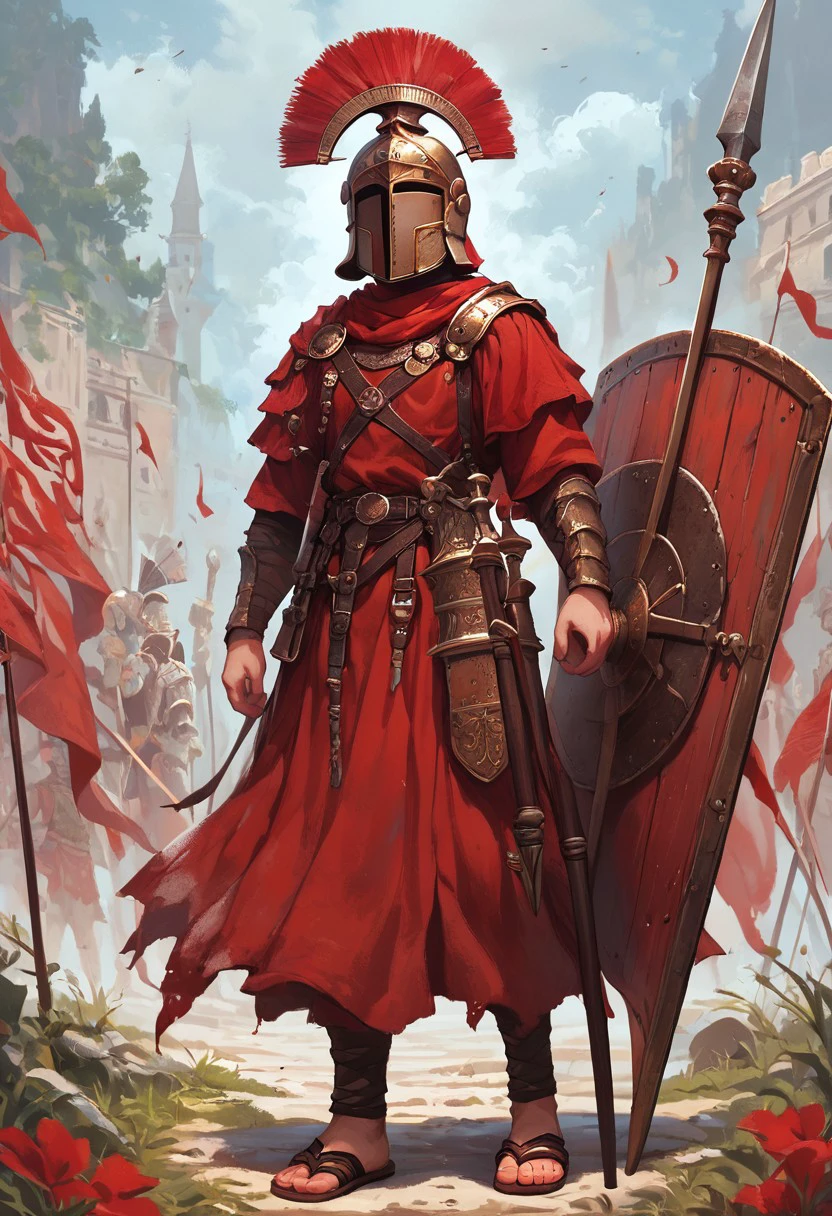 core_9,score_8_up,score_7_up, wearing armor, helmet, red tunic, red shirt, sandals, shield, spear, sword, Intricate details, upper body, Proud look