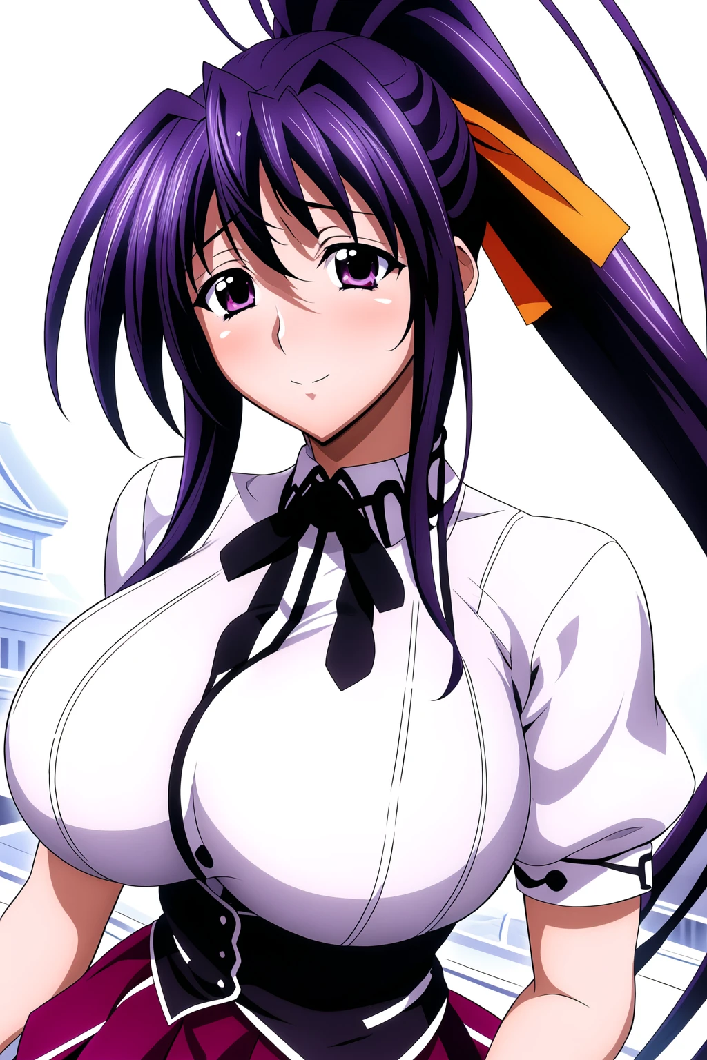 Simple Background,White Background,
dynamic pose,standing at attention,
white shirt,short_sleeves,puffy sleeves,
Red pleated skirt,school uniform,Black neckerchief, 
<lora:Akeno_Himejima_DXD-KK77-V3:0.4>,
<lora:Akeno_Himejima_DXD-KK77-V5:0.7>,
purple_eyes,Purple_hair,Bangs,Yellow hair Ribbon,long hair, high ponytail,
<lora:more_details:0.1>,<lora:Oda_Non_Style-KK77-V2:0.3>,
1 girl, 20yo,Young female,Beautiful long legs,Beautiful body,
Beautiful Nose,Beautiful character design, perfect eyes, perfect face,expressive eyes,perfect balance,
looking at viewer,(Focus on her face),closed mouth, (innocent_big_eyes:1.0),(Light_Smile:0.3),
official art,extremely detailed CG unity 8k wallpaper, perfect lighting,Colorful, Bright_Front_face_Lighting,White skin,
(masterpiece:1.0),(best_quality:1.0), ultra high res,4K,ultra-detailed,
photography, 8K, HDR, highres, absurdres:1.2, Kodak portra 400, film grain, blurry background, bokeh:1.2, lens flare, (vibrant_color:1.2),professional photograph,
(Beautiful,large_Breasts:1.4), (beautiful_face:1.5),(narrow_waist),