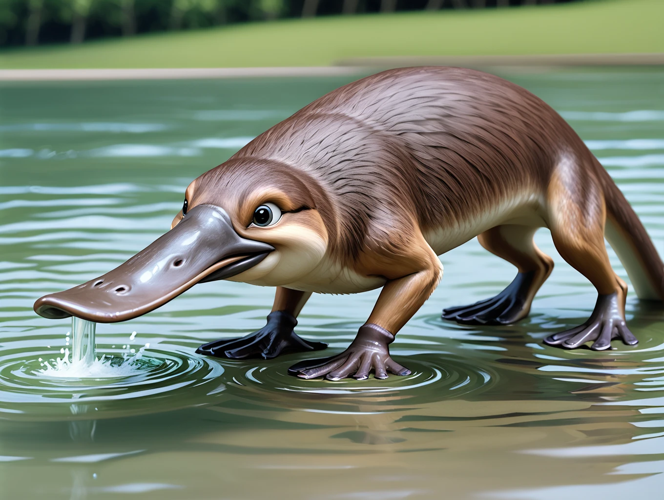 <lora:PlatyPonyXL:1>,platyponyxl,platypus,animal,animal focus,duck-billed,realistic,splashing water in the fountain,gradient hair,tattoo,jaw drop,solid circle eyes,beautiful_detailed_eyes,eye_contact,(skindentation:1.3),refraction,contour_deepening,chromatic_aberration,bokeh,film grain,body blush,[wrinkled skin],detailed crease,dark purple theme,light blue Brass background,yellow hangar,blurry background,