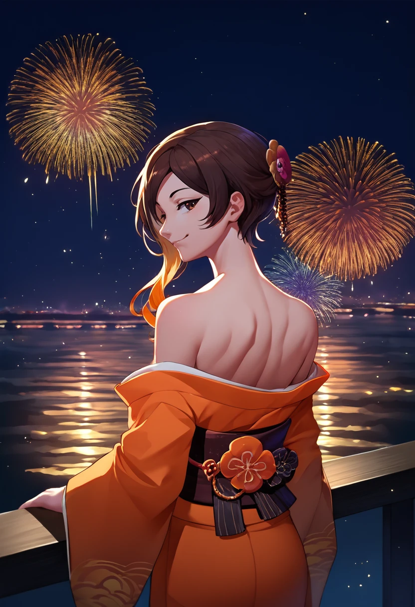 score_9, score_8_up, score_7_up, source_anime, from behind, solo, 1girl, coco adel, smile, looking back, japanese clothes, orange kimono, off shoulder, brown sash, bare shoulders, fireworks <lora:rwby_cocoadel_ponyXL:1>