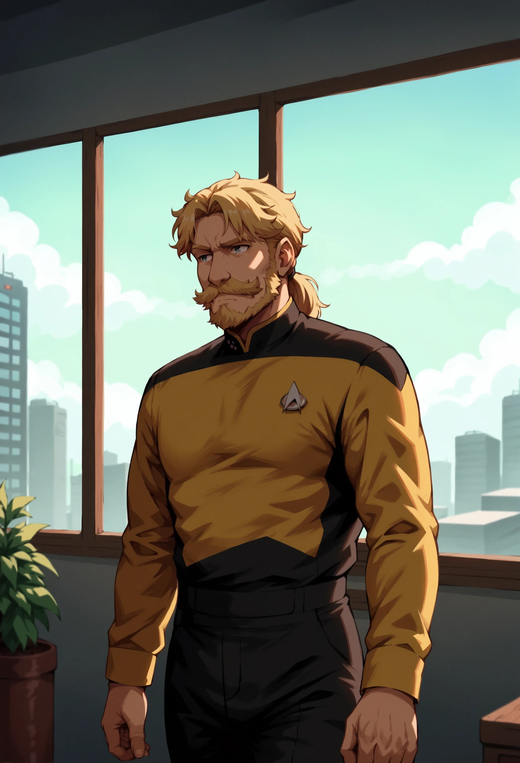 core_9, score_8_up, score_7_up, score_6_up, 1boy,solo,blonde hair,ponytail,beard,moustache,messy beard,messy hair,scenery,indoors,futuristic,window,
s3stngunf,yellow uniform,black pants
,<lora:STTNGponyStrong>