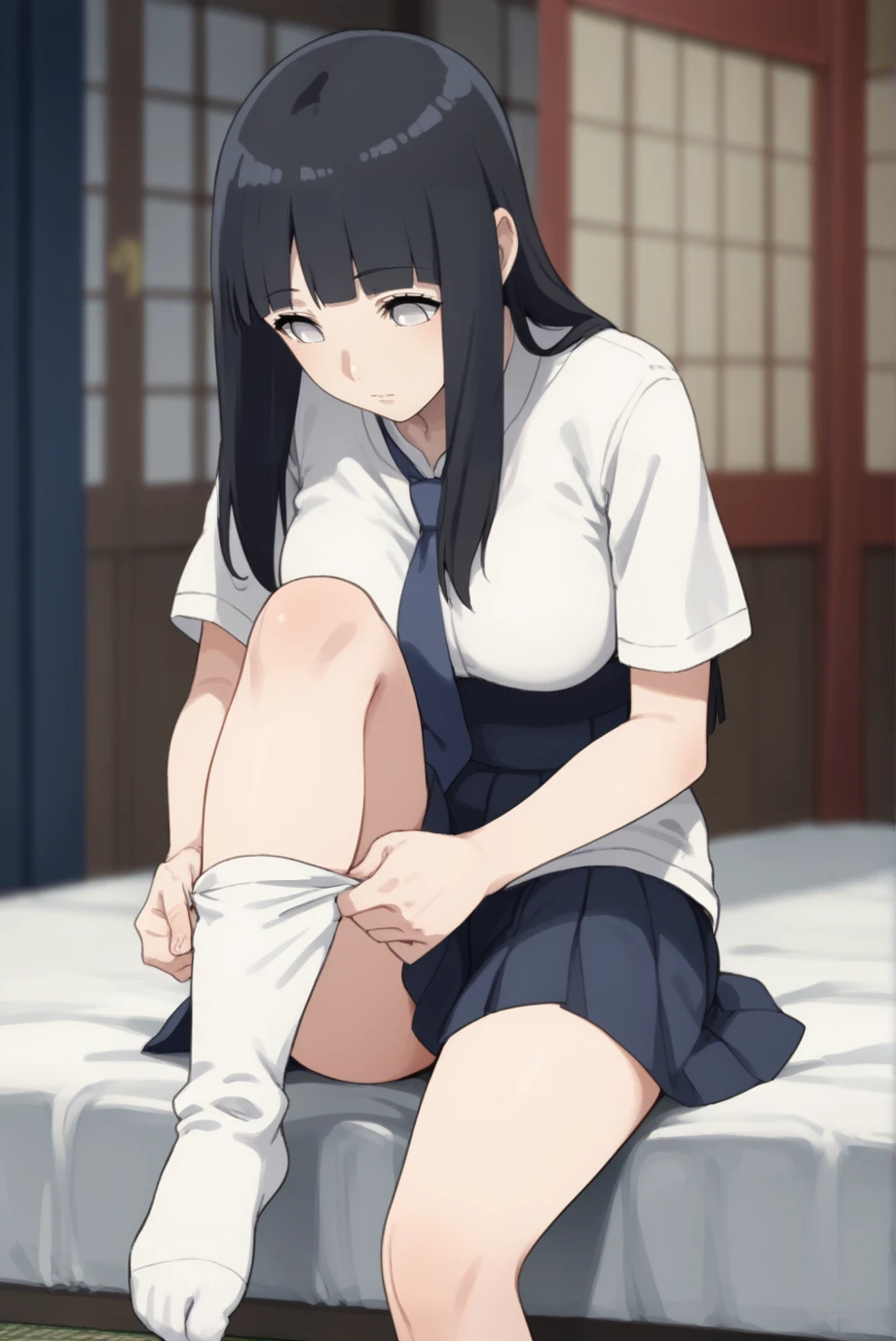 score_9, score_8_up, score_7_up, score_6_up, score_5_up, score_4_up, BREAK source_anime, 1girl, solo,
<lora:HinataTheLastXL-v1-07:0.7>, ChopioHyugaHinata, long hair, black hair, straight hair, shiny hair, blunt bangs, white eyes, no pupils,
mature female, medium breasts,
japanese bedroom, bed, on bed, sitting, expressionless, looking down, depth of field, blurry background,
school uniform, white shirt, dark blue skirt, pleated skirt, blue necktie, white socks,
<lora:Concept_DressingSocks:1>, dressing socks, adjusting legwear, leaning forward, leg up, foot,