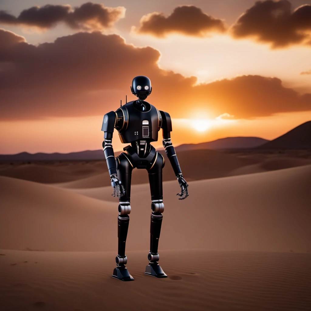 cinematic photo robot, solo, no humans, standing in the desert, sunset  <lora:K2SO:0.8> . 35mm photograph, film, bokeh, professional, 4k, highly detailed