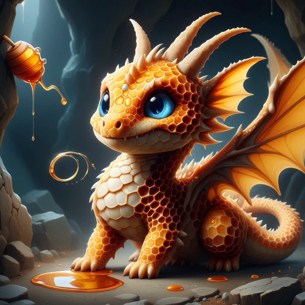 honeycomb morph cute  dragon in  a cave, dripping honey