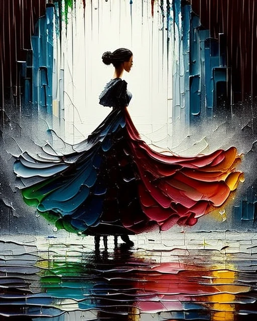  1girl, oil painting, color blocks, profile, long skirt, rain, from side