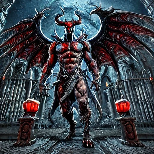 <lora:Monsters_and_elementals:2>full body, wings, moon, glowing moon, night, solo, glowing eyes, 1boy, horns, church, star (sky), sky, candle, red eyes, demon wings, muscular, full moon, demon, night sky, starry sky, male focus, castle, abs, statue, bat wings, tower, fire, highly detailed, realistic demon standing menacingly, dark red skin, muscular and imposing build, intricate black and silver armor, glowing red eyes, large curved horns, sharp claws, powerful wings with tattered edges, gothic cathedral in the background, full moon illuminating the scene, ornate gothic architecture with tall spires and stained glass windows, numerous lit candles on stone pedestals, eerie atmosphere, night sky filled with stars, intricate stone carvings and pillars, demon's posture exuding strength and dominance, detailed textures on the skin and armor, dynamic lighting creating dramatic shadows, atmospheric fog around the ground, realistic stone steps leading to the cathedral entrance, intricate patterns and symbols on the demon's armor, lifelike rendering of the demon's muscular anatomy, intense and foreboding ambiance, rich and vivid colors, highly detailed environment, ominous and otherworldly setting,