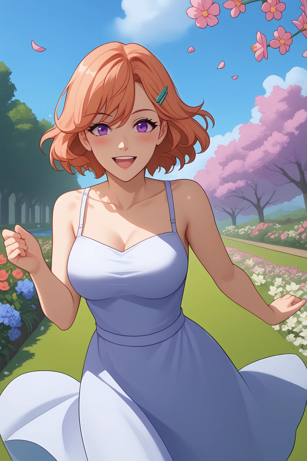 Carla, Leaf-Like Hairclip, Amaranth Hair, Purple Eyes, summer dress,
(nsfw), (uncensored), (score_9), score_8_up, score_7_up, source_anime, cowboy shot, dynamic pose, 1 Female, solo, happy smile joy, blush, ashamed, shy, sexy, charming, alluring, seductive, enchanting, erotic,
((outdoors)), ((flower garden)), ((flowers)), ((many flowers)), spring petals, petals of flowers, spring, falling petals, flying butterflies<lora:EMS-423241-EMS:0.800000>