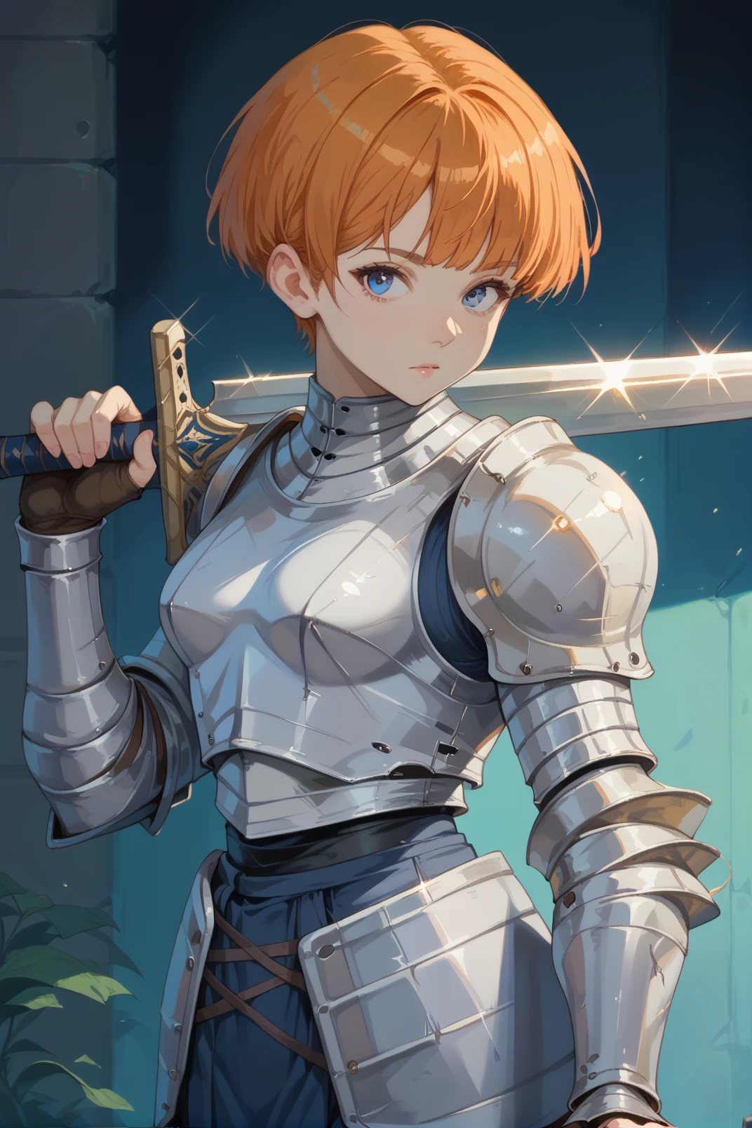 1girl, darceFH, knight, steel armor, orange hair, bangs, blue eyes, looking at viewer <lora:darceFH:1>  <lora:cutesexyronutts_style_xl:0.65> csr style,  <lora:sword_over_shoulder:0.7> holding sword-over-shoulder, weapon over shoulder, score_9, score_8_up, score_7_up, score_6_up