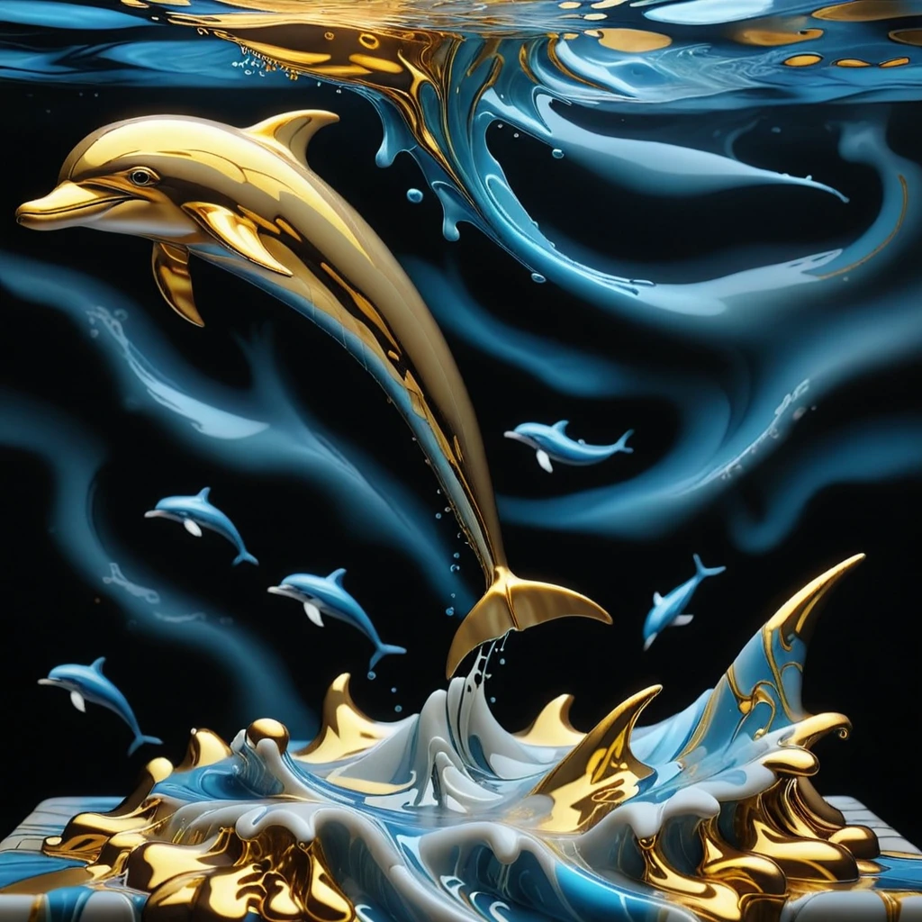 Liquid Marble, Golden Dolphin, intricate, detailed, ultrarealistic