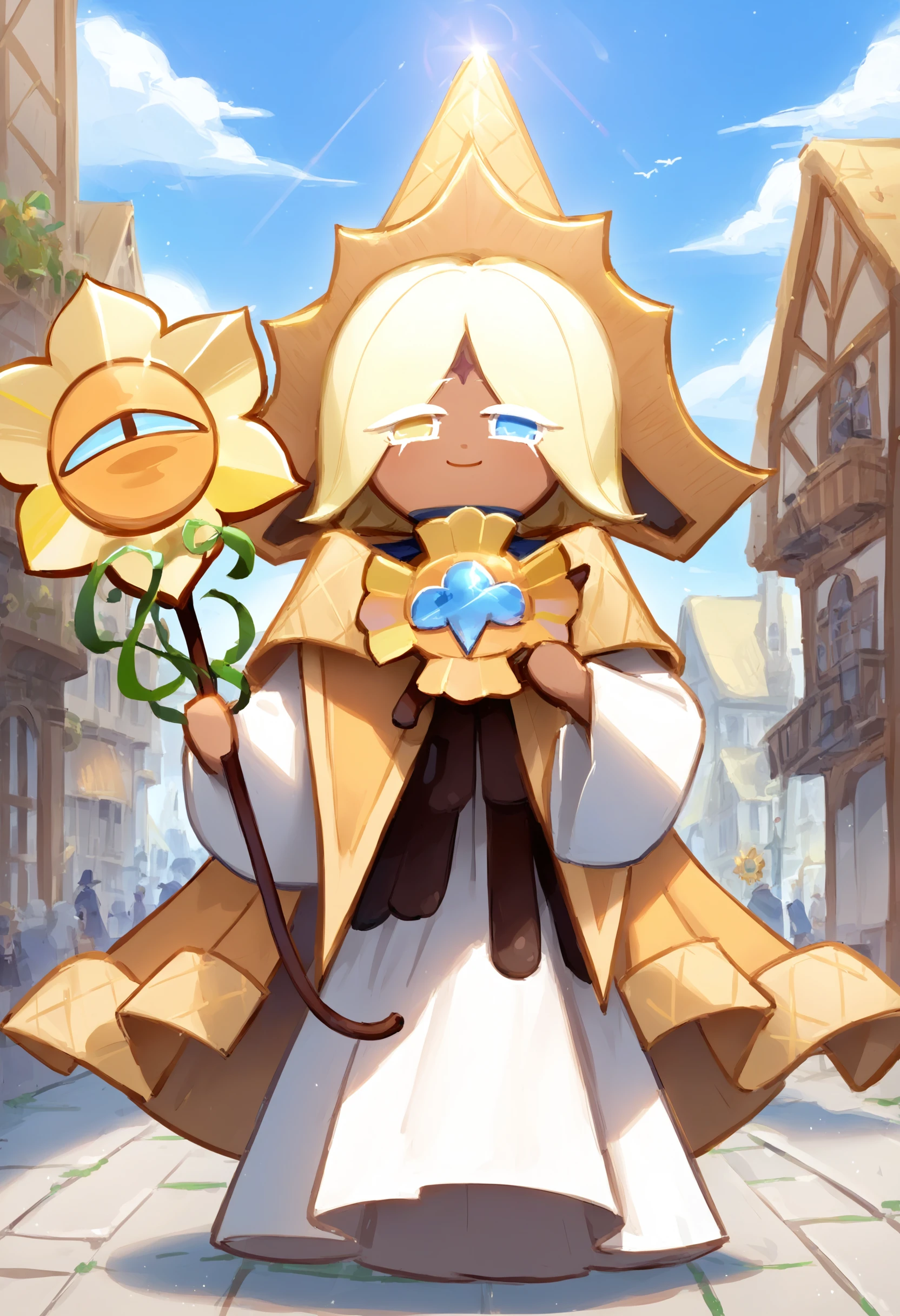 score_9, score_8_up, score_7_up, source_anime, extremely detailed BREAK
medieval city, buildings, day
1boy, PureV4n1ll4C00k1e, hat, robe, cloak, blonde hair, holding, sunflower staff, dark skin
smile, looking at viewer, heterochromia, holding basket
detailed background, beautiful scenery <lora:PureV4n1llaC00k1e:1>
<lora:add-detail-xl:1>