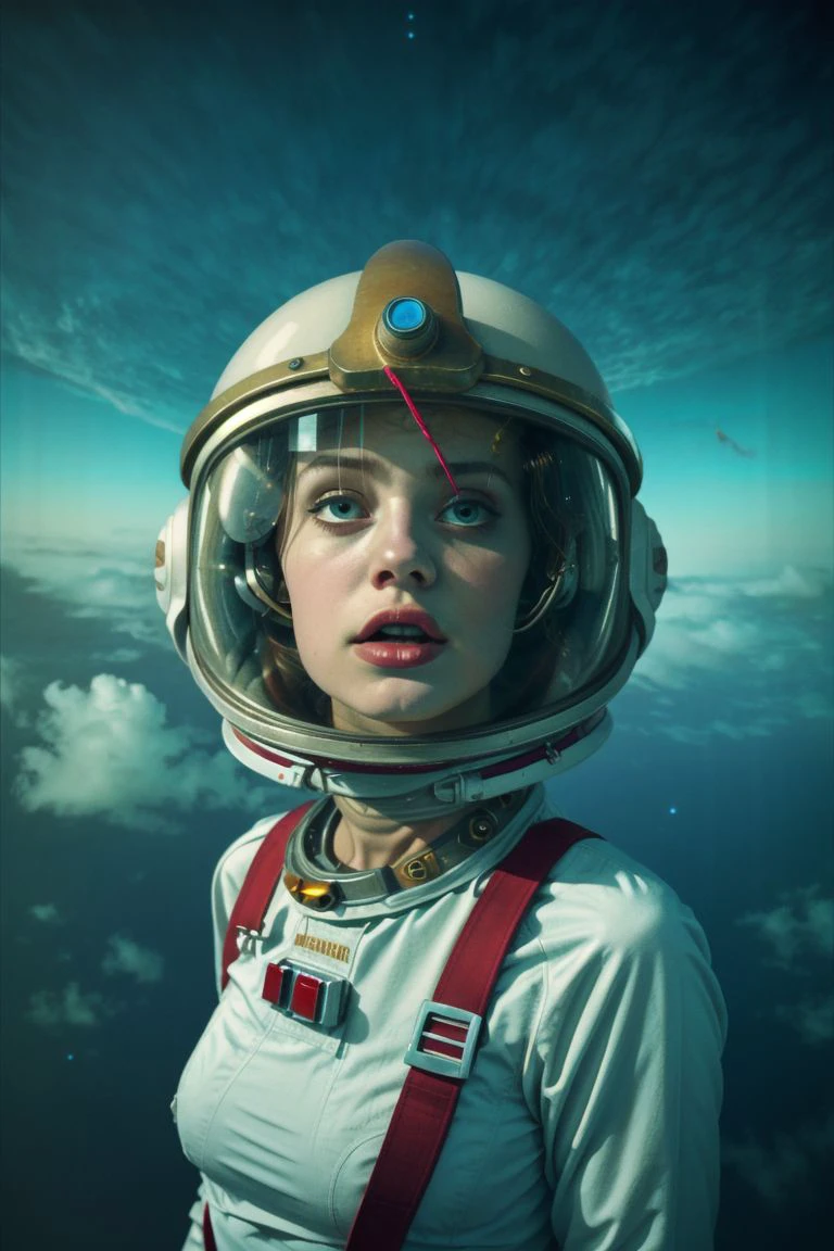 8k, close-up RAW editorial photo, A surreal and dreamy image of a woman in an astronaut's space suit and helmet, capturing a distant, ethereal scene. The muted multi-color clouds in the alien planet sky provide the perfect backdrop for this otherworldly encounter, creating a sense of wonder and mystique. and the overall mood of the image is vibrant and dramatic.