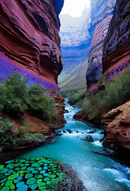 surrealist landscape with a canyon with water in the colours of the rain bow, there are psychedlic motifs on the sides of the cliffs