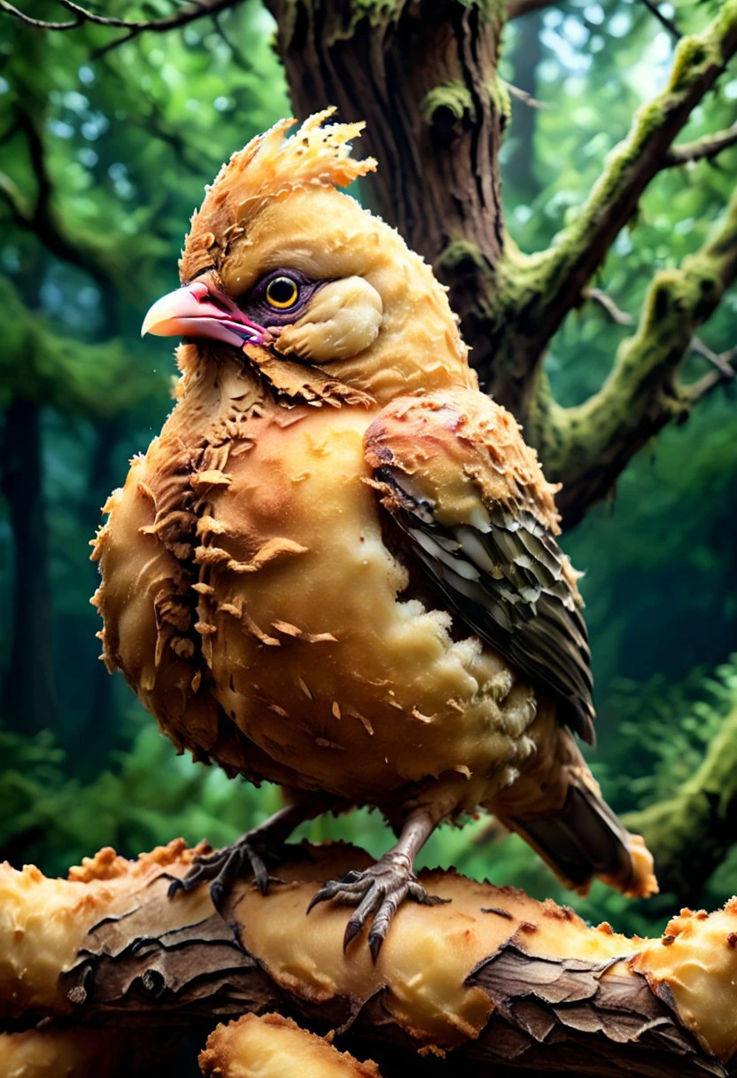 Deep Fried & Crispy, bird, in a forest, perched on a tree limb,