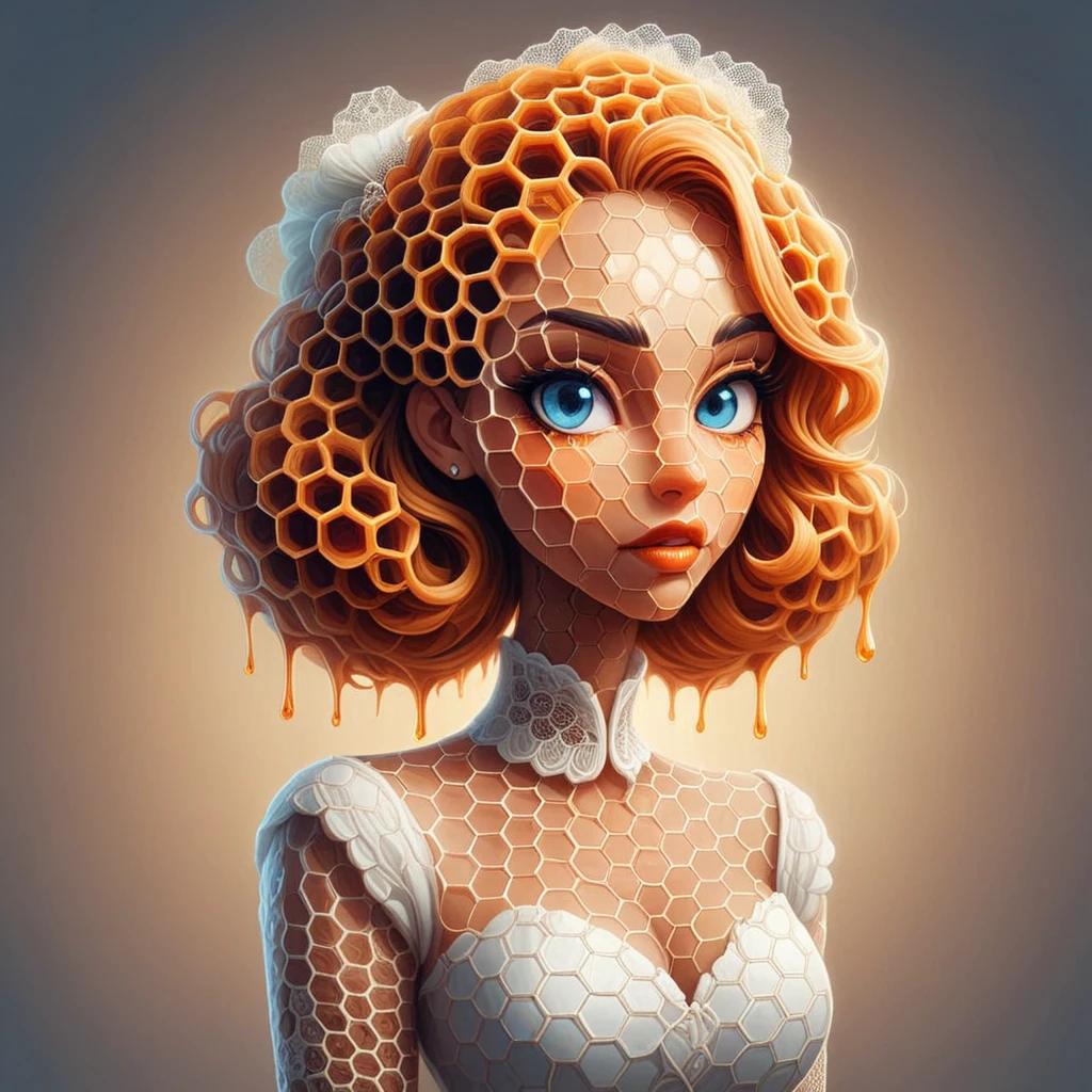 honeycomb morph a woman in a wedding dress, cartoon, portrait, honeycomb