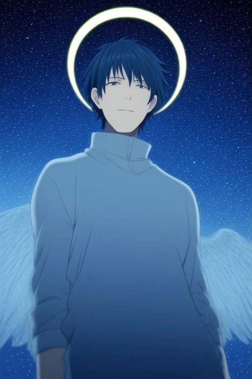 DMMd_Style, masterpiece, best quality, detailed, 1boy, white toga, angel, angel wings, golden halo, dark background, upper body, (closed mouth:1.2), looking at viewer, arms behind back, blue theme, stars, starry night, perfect body, better male body, taken from below, vivid colors