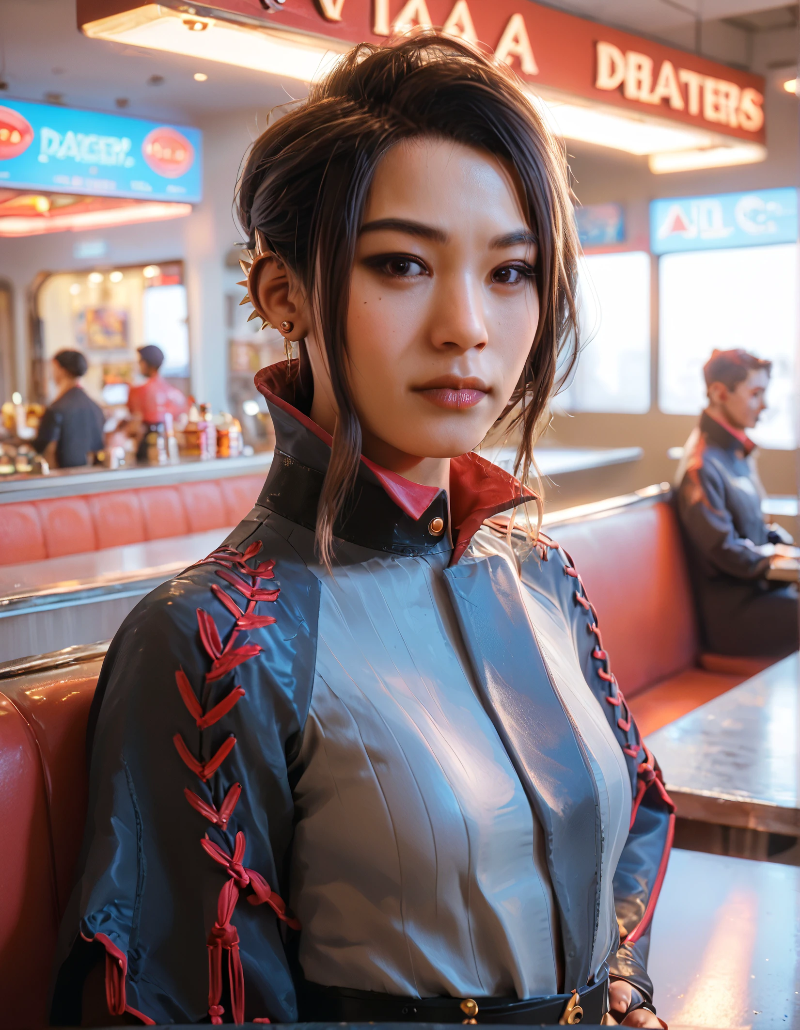 score_9, score_8_up, score_7_up,score_6_up,haymar,high resolution,3d,photo,realistic,asian,1girl,brown hair,hair bun,earrings,black jacket,long sleeves,boots, volumetric lighting,rim lighting,dramatic shadow,diner,upper body,dynamic pose,looking at viewer,pov,front view,hand on hips,sitting