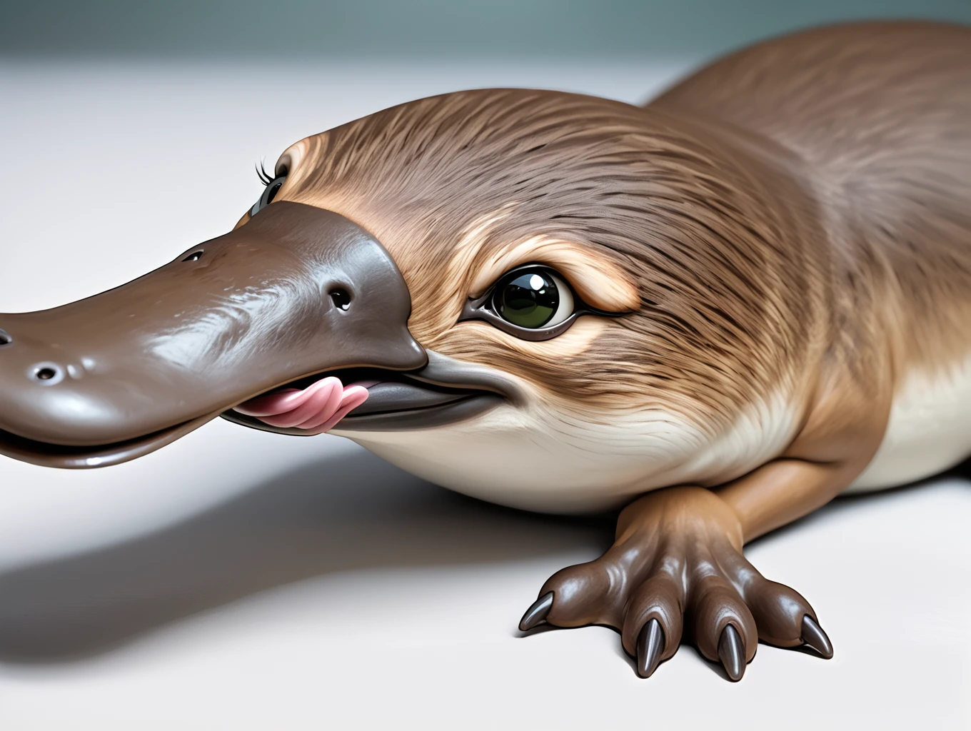 <lora:PlatyPonyXL:1>,platyponyxl,platypus,animal,animal focus,duck-billed,realistic,Lying on a bed holding a teddy bear portraying a sense of comfort and innocence.,gradient hair,tattoo,licking lips,solid circle eyes,beautiful_detailed_eyes,eye_contact,(skindentation:1.3),(refraction,contour_deepening,chromatic_aberration,bokeh,film grain,body blush,[wrinkled skin],detailed crease),white theme,pink Minimalist line pattern background,black bedroom,blurry background,