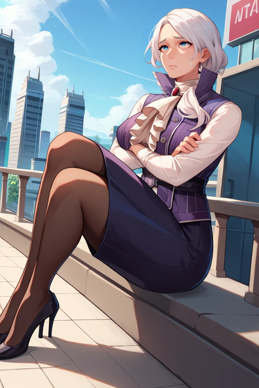 score_9, score_8_up, score_7_up, score_6_up, source_anime, 1girl, solo <lora:willowschnee-pdxl-nvwls-v1-000008:1> rbWillow, white hair, high collar, purple vest, white shirt, ascot, long sleeves, black skirt, black pantyhose, mature female, large breasts, crossed arms, thinking, looking up, blue sky, city, high heels, whole body