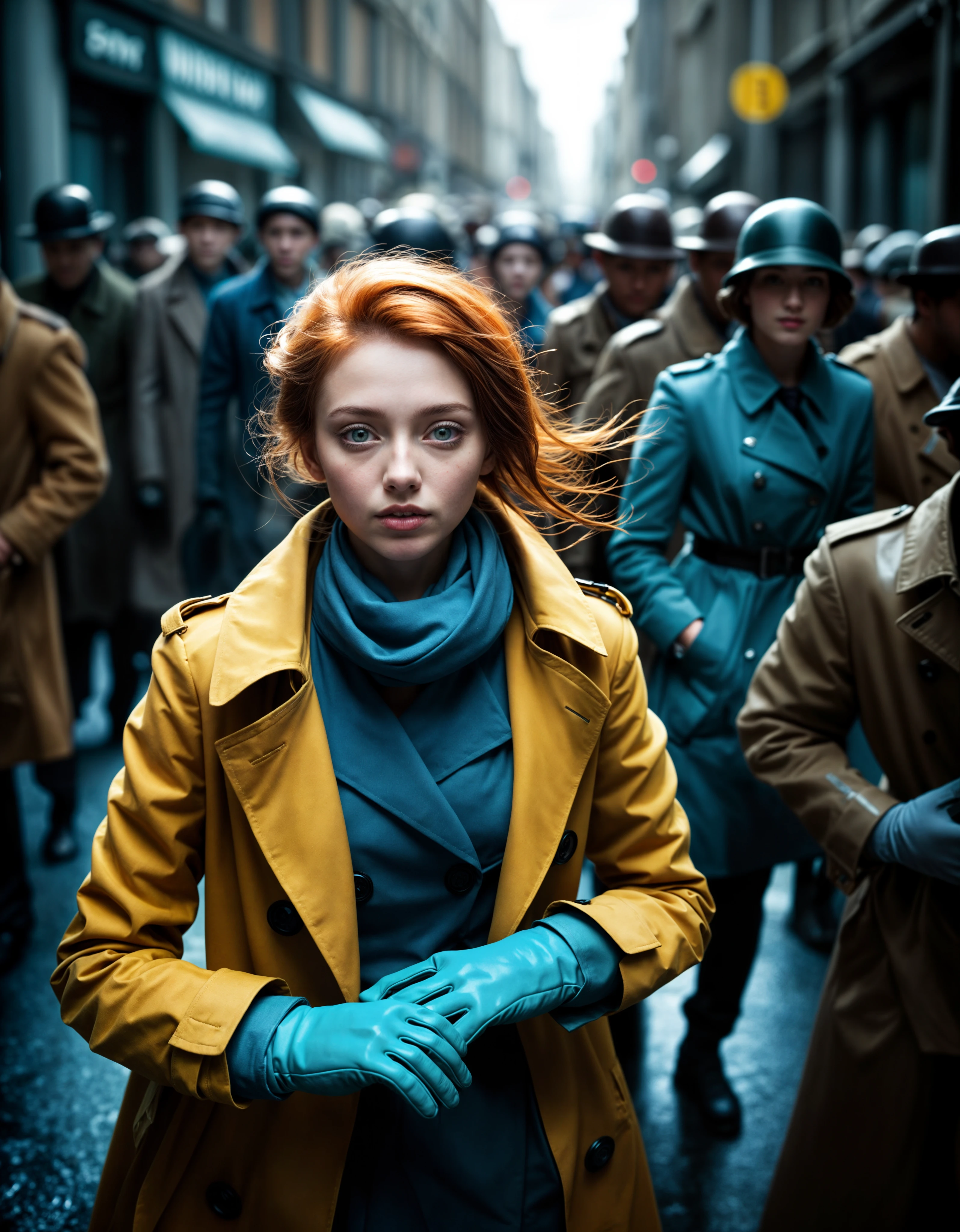 selfie, fine art photo, glamour shot, (designed by Chris Friel:0.8) , photograph, crowded street, stylized, (Woman:1.3), Resting on a diagonal, the Woman has Chestnut hairstyle, Gloves, inside a Trench, Light, Heterotype, Sony A7, 800mm lens, vibrant, colorful, dramatic, epic atmosphere, theatrical, badge