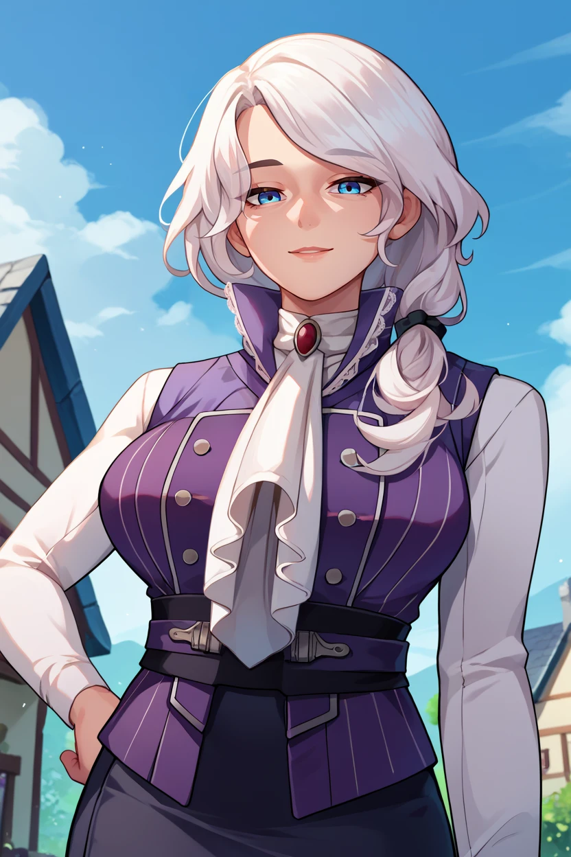 score_9, score_8_up, score_7_up, score_6_up, source_anime, 1girl, solo,  <lora:willowschnee-pdxl-nvwls-v1-000008:1> rbWillow, white hair, hair over shoulder, high collar, purple vest, white shirt, ascot, long sleeves, black skirt, black pantyhose, large breasts, looking at you, mature female, blue sky, house, upper body, happy