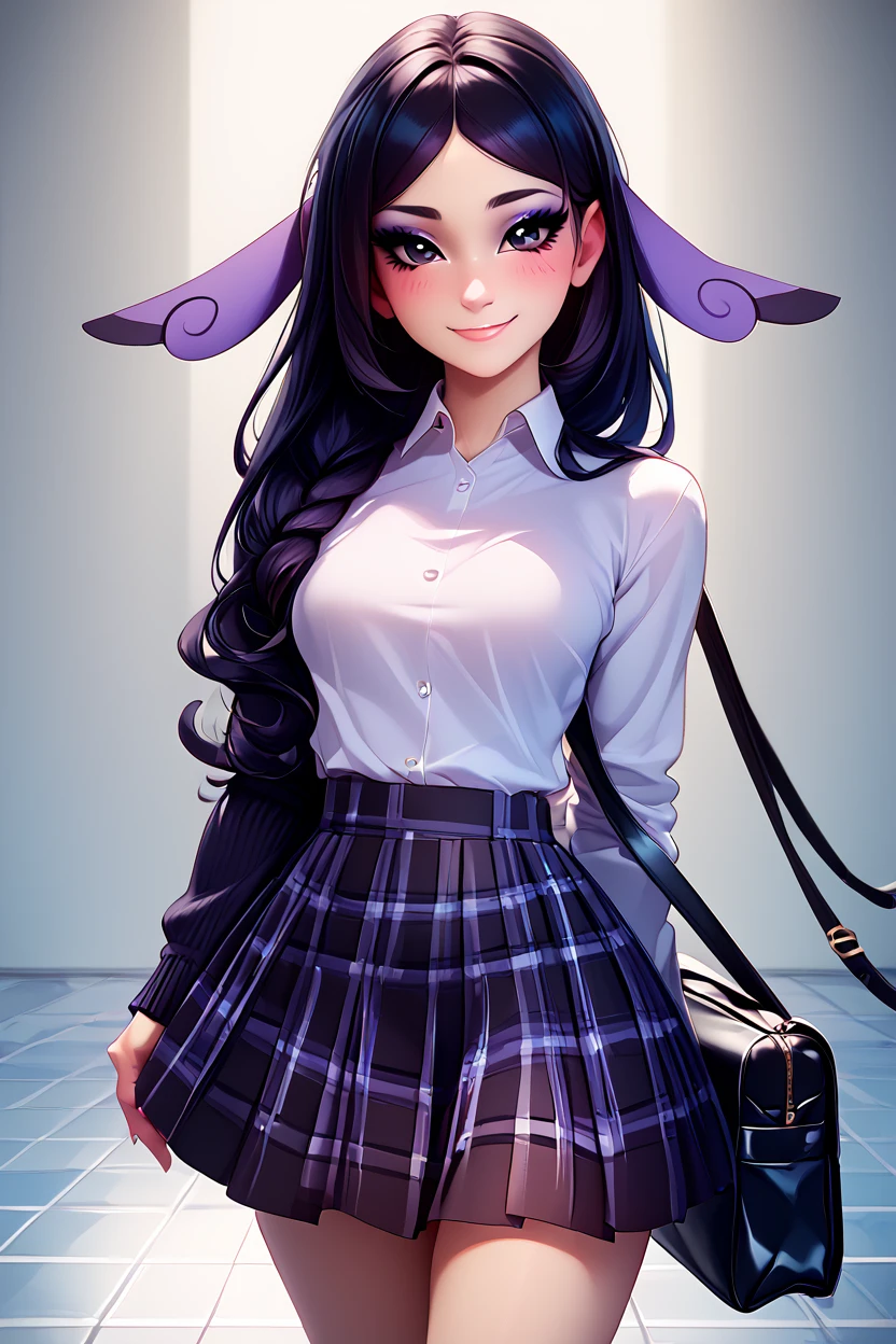 score_9, score_8_up, score_8, medium breasts, (curvy), cute, eyelashes,       BREAK,  zzValerie, long hair, black hair, black eyes, parted bangs, eyeshadow, hair ornament,    <lora:ValeriePokemonPDXL:0.8>,   BREAK, closed mouth, alternate costume, smile, looking at viewer, collared shirt, blush, sweater, black skirt, eyelashes, long sleeves, sleeves past wrists, plaid skirt, shoulder bag, black bag, blurry, tile floor, pleated skirt, white shirt,  embedding:zPDXL, Expressiveh,  <lora:Vivid:0.7>,  <lora:LFashionPDXL:1>,  <lora:Uncensored_PonyXL_cpt_v02.09:0.4>,  <lora:Expressive_H-000001:0.4>,