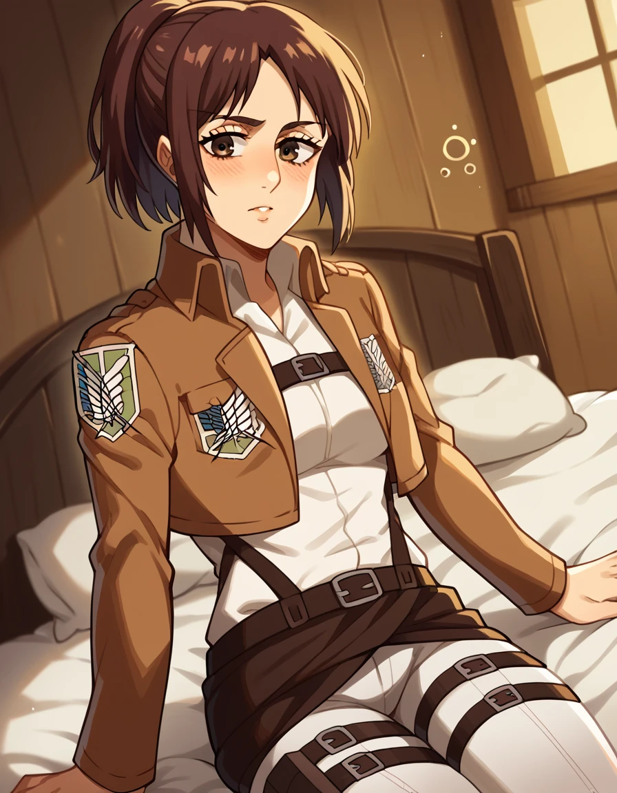 score_9, score_8_up, score_7_up, source_anime, <lora:sasha-blouse-s1-ponyxl-lora-nochekaiser:1>, sasha blouse, brown hair, brown eyes, short hair, ponytail, mature female, medium breasts,, <lora:paradis-military-uniform-ponyxl-lora-nochekaiser:1>, paradis military uniform, belt, cloack, cropped jacket, emblem, green cloak, jacket, long sleeves, pants, shirt, thigh strap, uniform, white pants, white shirt, brown jacket,, indoors, bed, bed room, on side, blush, drunk, looking at viewer, solo,, cowboy shot, dutch angle