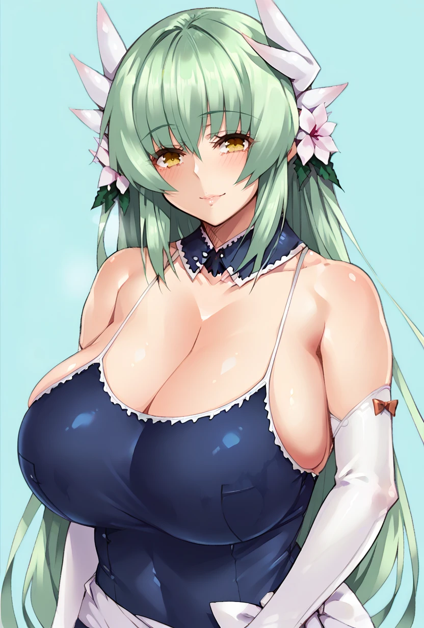 score_9,score_7_up, <lora:kiyohime_(lancer)_XL_1:1>  bbkiyo, long hair, green hair, white horns, hair flower, yellow eyes, detached collar, cleavage, school swimsuit, blue one-piece swimsuit, elbow gloves, white gloves, sash, blush, smile, huge breasts <lora:hayama_kazusa-Style-PonyXL-Dora-000034:1>