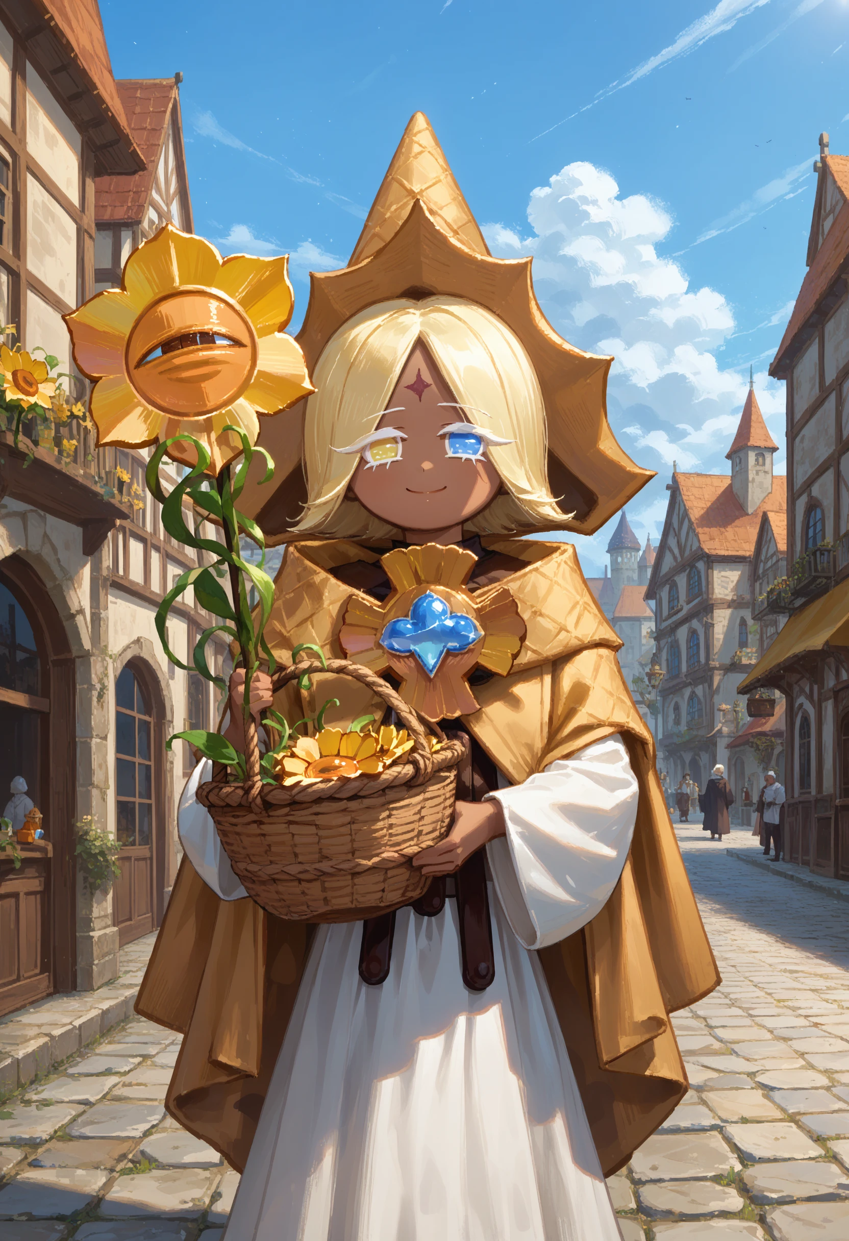 score_9, score_8_up, score_7_up, source_anime, extremely detailed BREAK
medieval city, buildings, day
1boy, PureV4n1ll4C00k1e, hat, robe, cloak, blonde hair, holding, sunflower staff, dark skin
smile, looking at viewer, heterochromia, holding (basket:1.3)
detailed background, beautiful scenery <lora:PureV4n1llaC00k1e:1>
<lora:add-detail-xl:1>