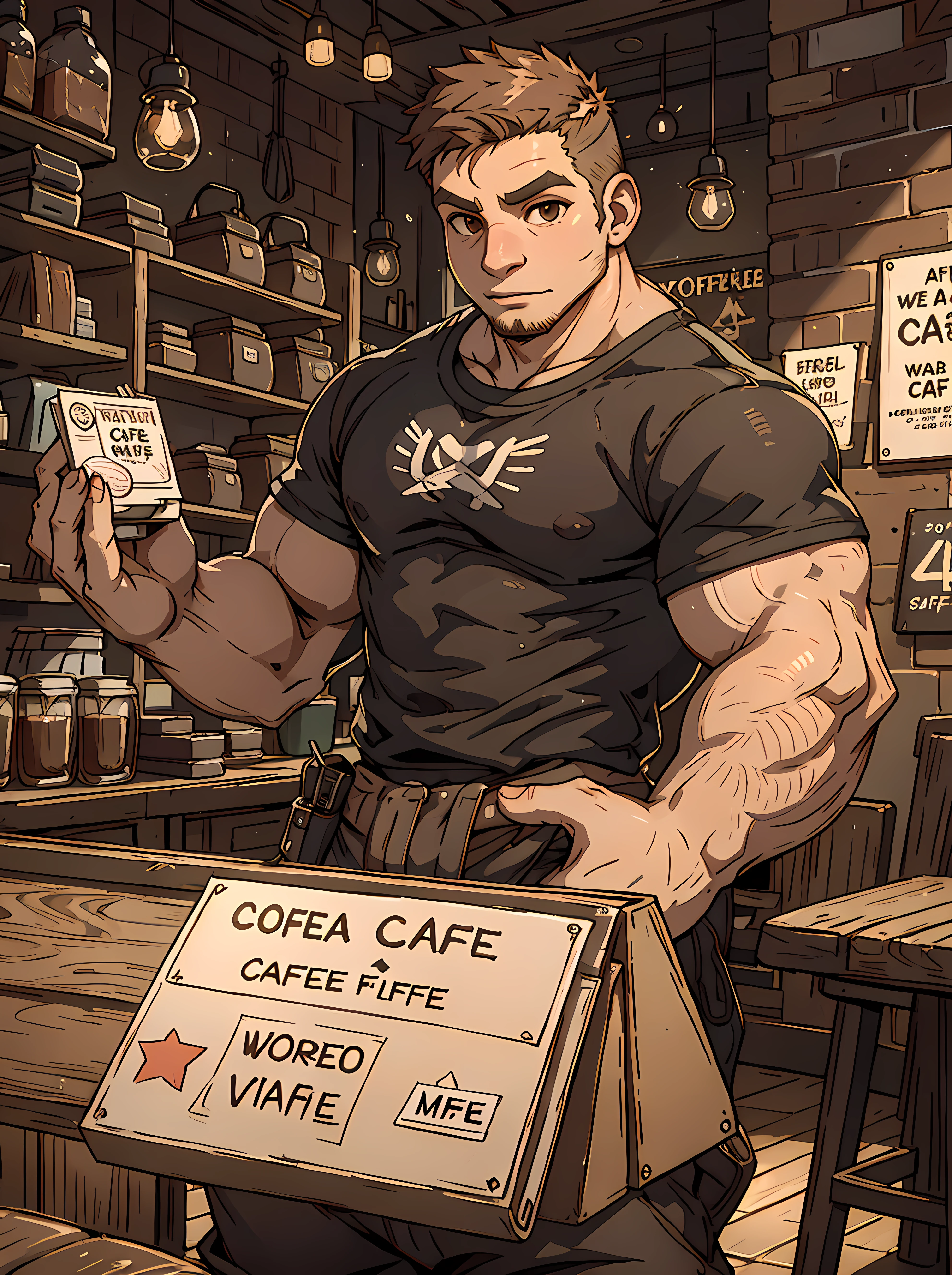 <lora:JD_Fenix:0.7> jd_fenix, undercut, short hair, (muscular:1.2), brown hair, indoor, coffee shop, cafe, standing, t-shirt, pants