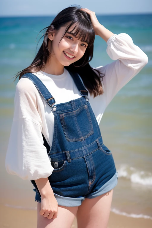 1girl, (masterpiece, RAW photo, best quality:1.4), (realistic, photo-realistic:1.4), extremely detailed, 8k wallpaper, ultra-detailed, highres, soft light, beautiful girl, young Japanese idol, (wavy long hair, bangs), brown eyes, (carefree smile:1.2), (overalls:1.4), walking on the sandy shore, daytime, relaxed aura, gravure photo style, (detailed eyes and face:1.2), perfect anatomy, shiny skin, detailed skin, (blurry background:1.1), professional lighting, shallow depth of field, vibrant colors, glossy finish, (medium-long shot:1.8), (background featuring a calm ocean, clear blue sky:1.2), soft pastel colors, (provocative pose:1.2), (lens flare:0.5), (natural makeup:1.1), (skin texture:1.2), (high key lighting:1.1), <lora:paytonnaomi_lora-v2_06:0.9>