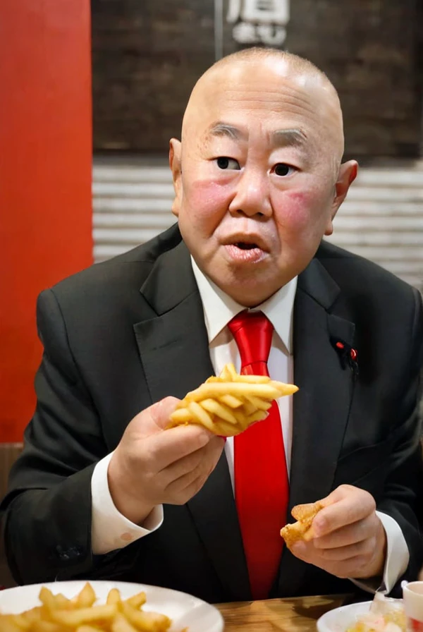 <lyco:Kazuhiro_Haraguchi:1.0>, highly detailed professional 8k raw photography, best hyperrealistic quality backgrounds, volumetric real-time lighting and shadows, middle-aged,  old man, asian, skin head, wearing  black suit and red tie, white shirts under the black suit, Asian, (Kazuhiro Haraguchi) eating freedom fries by hand, close up, tokyo restaurant background