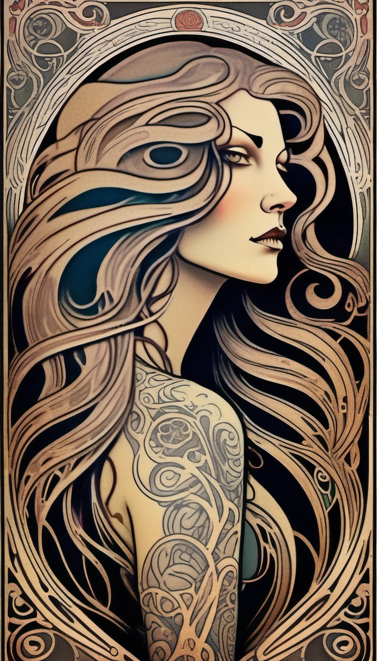 Art Nouveau art of a mysterious woman with flowing hair and elaborate tattoos, cinematic composition.  <lora:Everly_Heights_Comics:1>