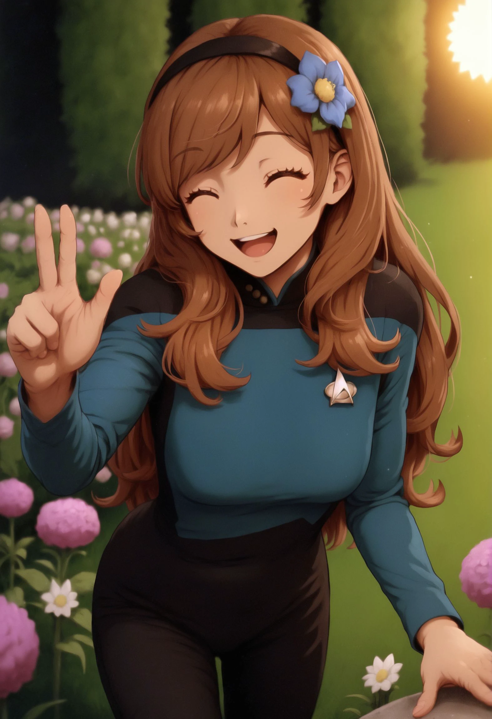 score_9,score_7_up,solo,,hairband , brown hair,long hair,bangs,in a garden,flower in hair,green grass,sun,happy,
s3stngunf,blue uniform,black pants
,<lora:STTNGponyStrong>